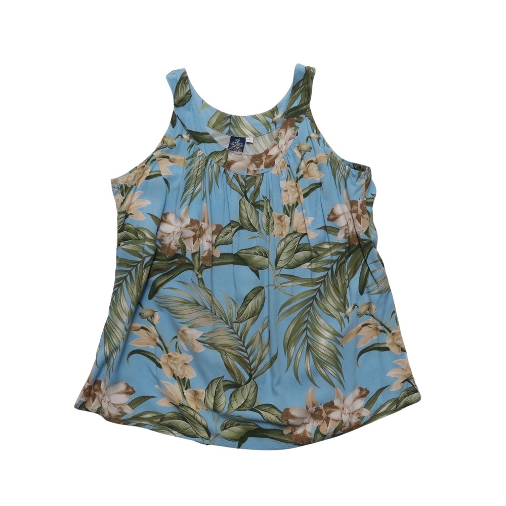 Hibiscus Collection Hawaii Top Womens Small Blue Floral Rayon Sleeveless Aloha